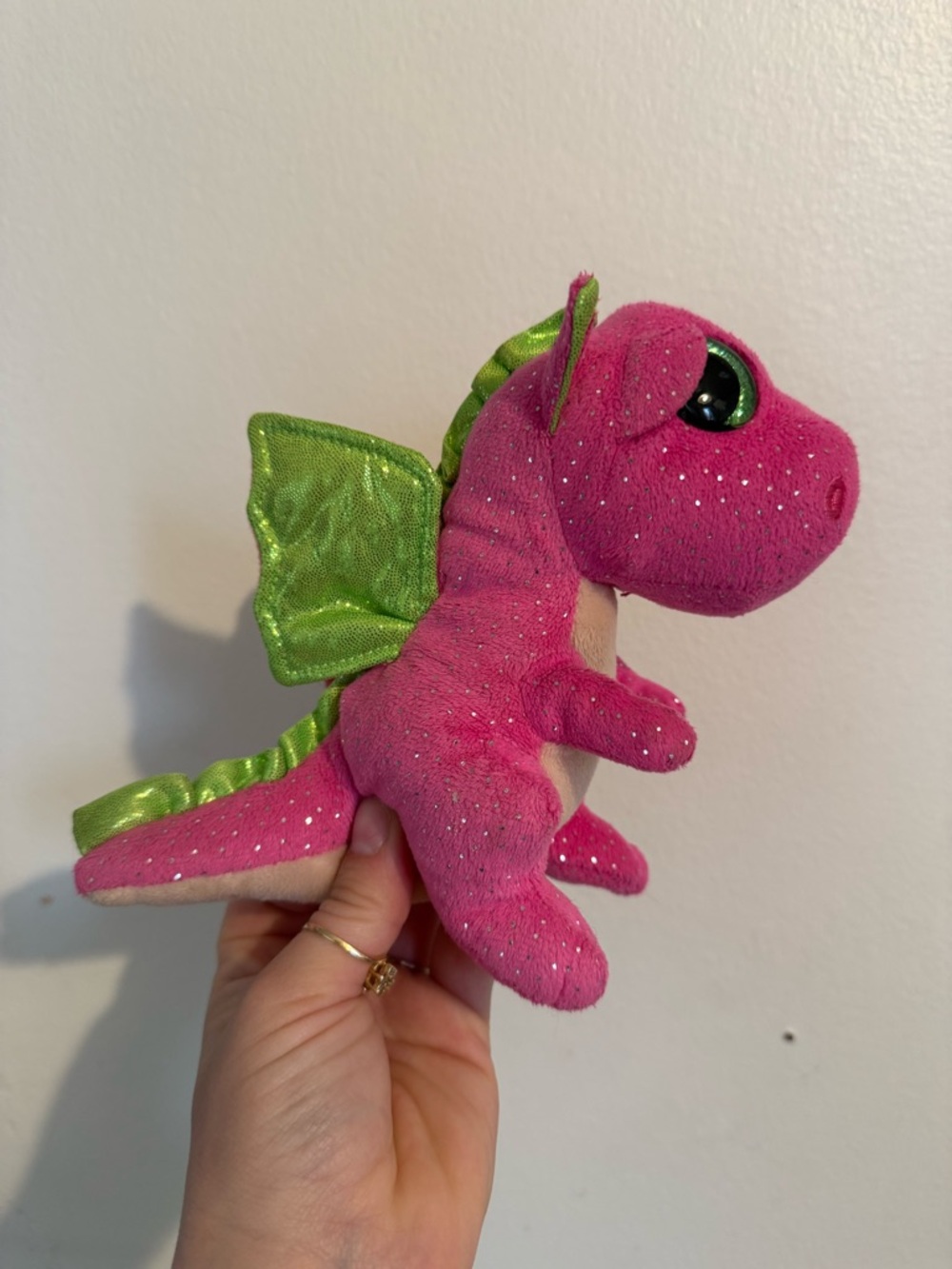 Plush Pink Dragon with Green Wings - Plush Reptile Toy Darla glitter eyes beanie